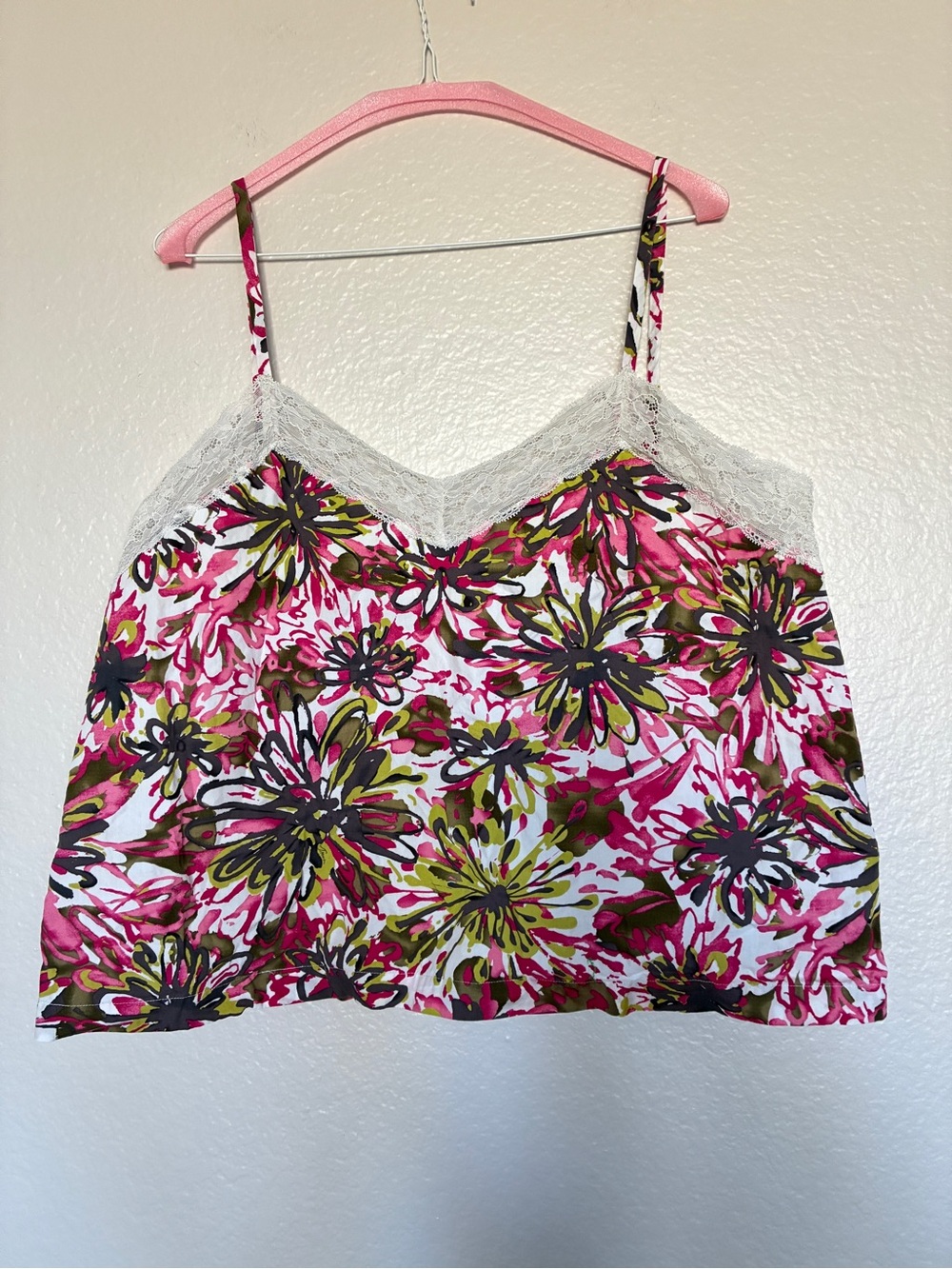 Trina Turk 100% Cotton Floral Lace Trim Pink Green Brown Camisole Tank Top Y2K